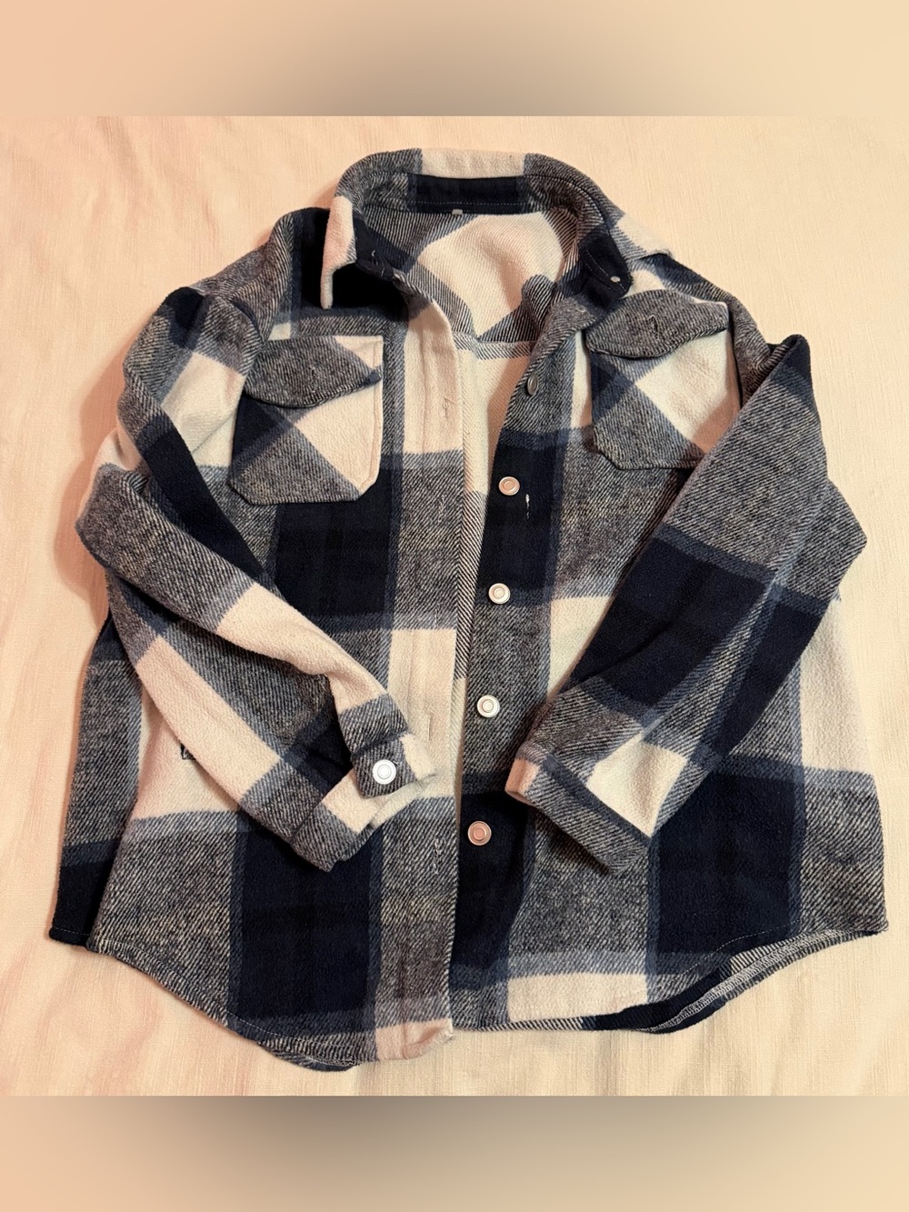 Amazon Plaid Button-Down Shirt Jacket in Navy and Cream